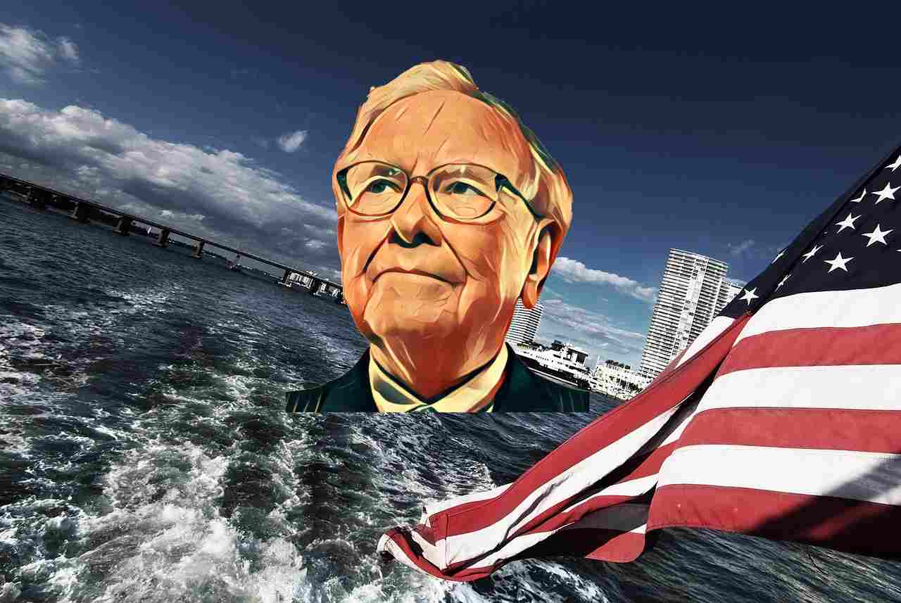 bandiera americana e volto di Warren Buffett