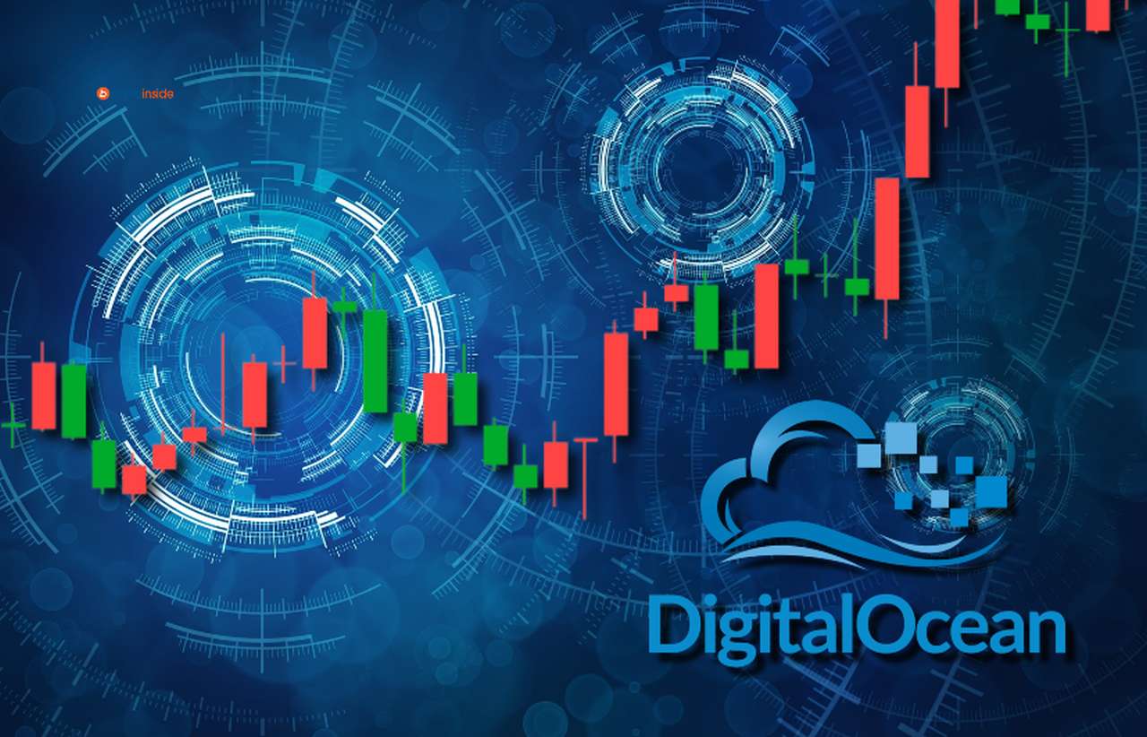 il logo di DigitalOcean su sfondo blu e un grafico a candele