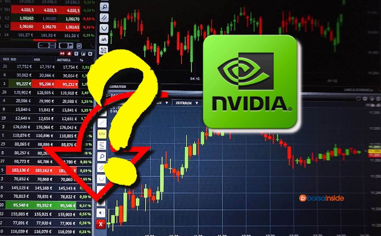 un grafico sull'andamento dei prezzi, una freccia verso il basso, un punto interrogativo e il logo di Nvidia in sovrimpressione