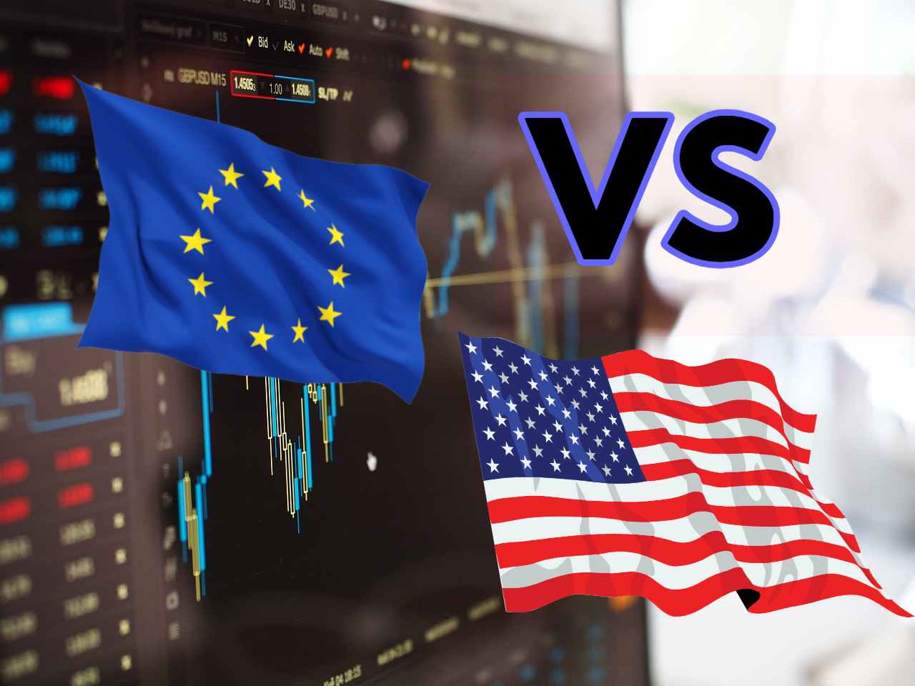 desktop trading e bandiere Usa e Unione Europea