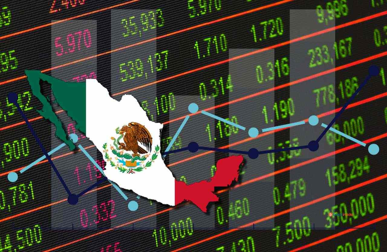il pannello con l'andamento dei prezzi della Borsa e la bandiera del Messico racchiusa nei confini dello Stato