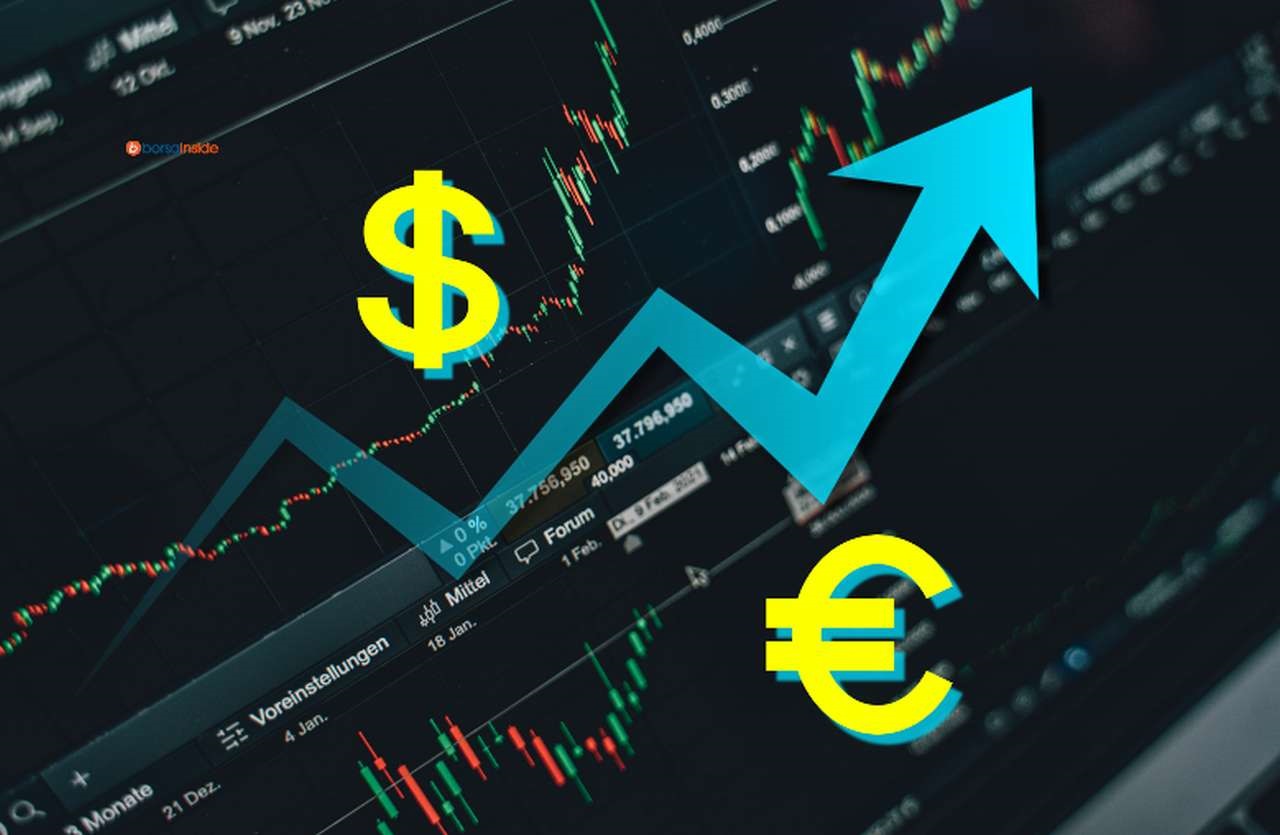 un grafico sull'andamento dei prezzi, il logo di euro e dollaro e una freccia
