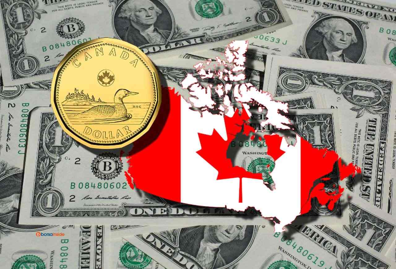 la bandiera del Canada racchiusa nei confini dello Stato e un dollaro canadese. Sullo sfondo svariate banconote di dollari USA