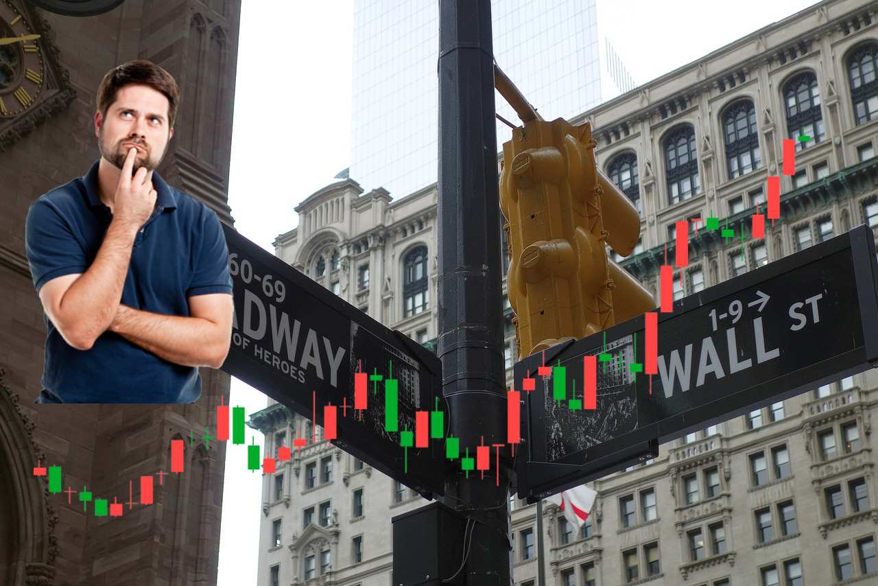 insegne Wall Street e trader che pensa