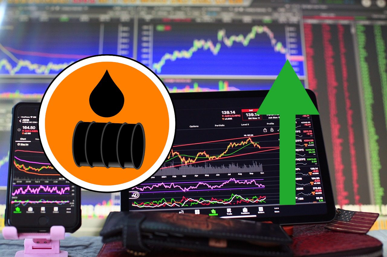 Chart trading con simbolo del petrolio e freccia verso l'alto