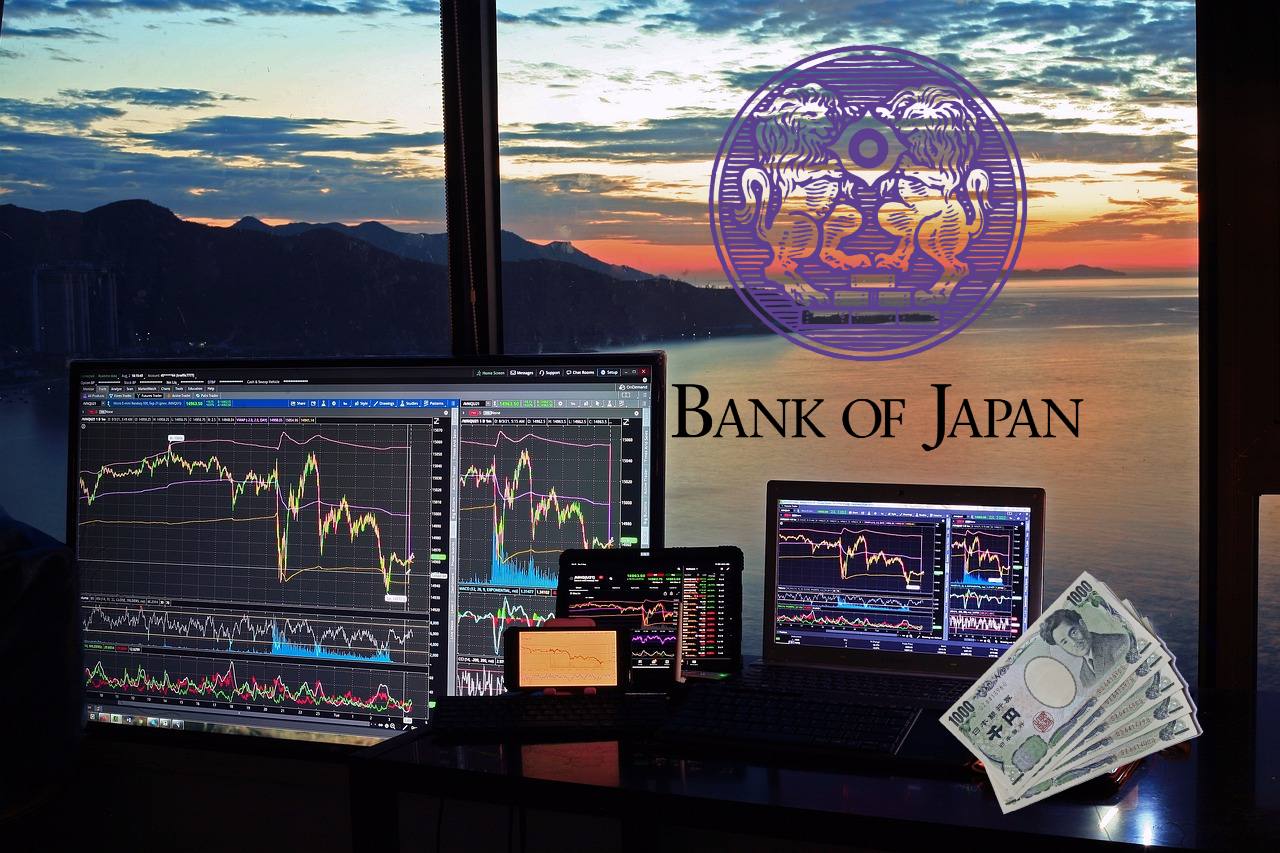 logo della banca del Giappone e vari strumenti di trading
