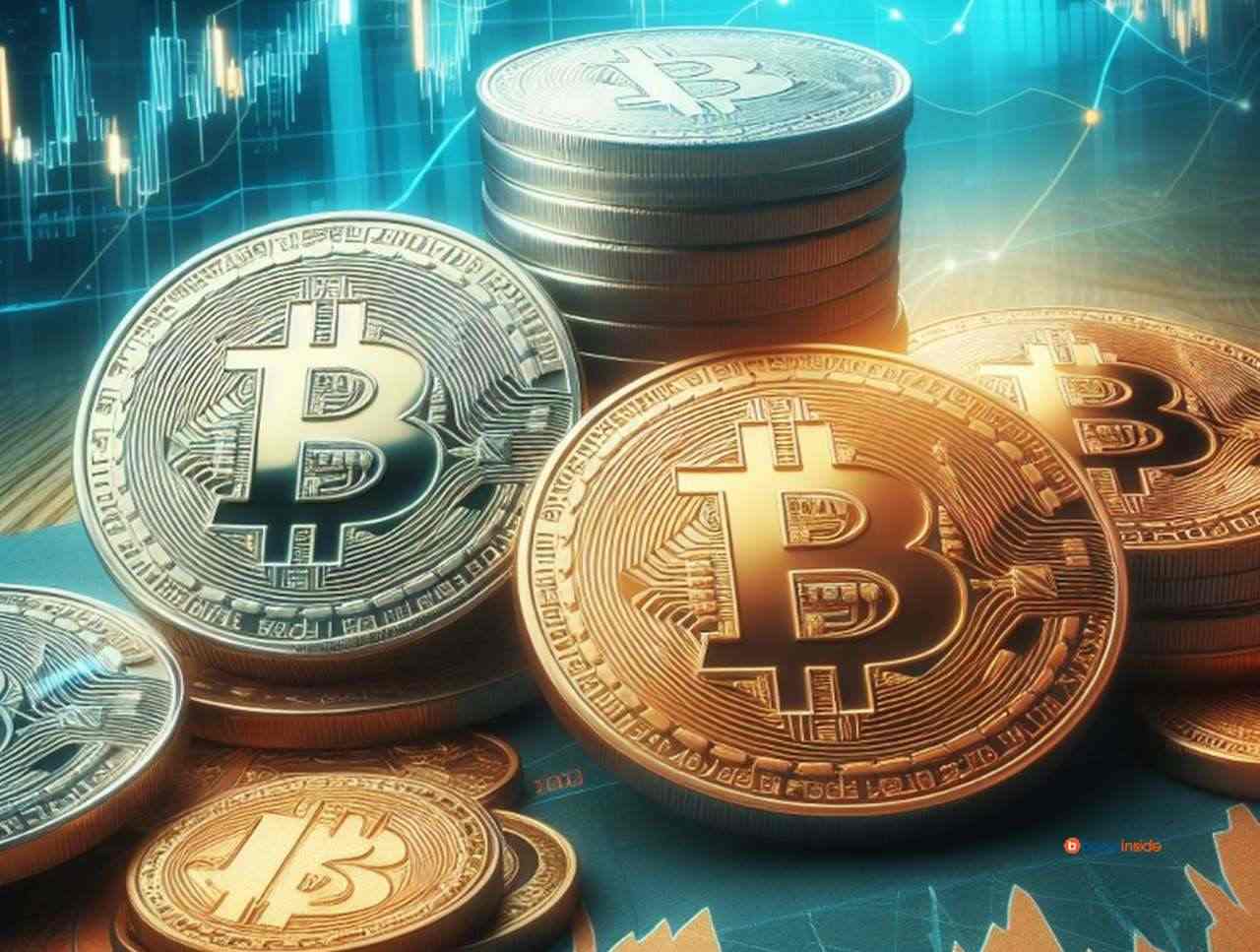 Alcune monete di Bitcoin su un piano con dei grafici sull'andamento dei prezzi sullo sfondo