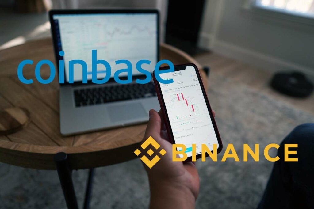 chart trading e logo Binance e Coinbase