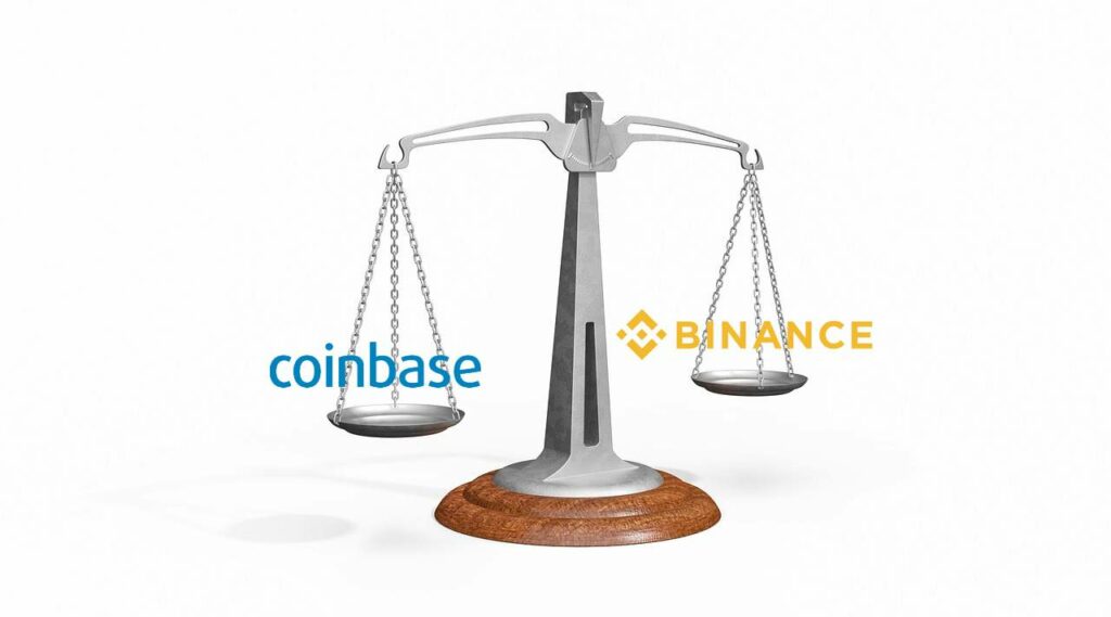 bilancia con logo Binance e Coinbase