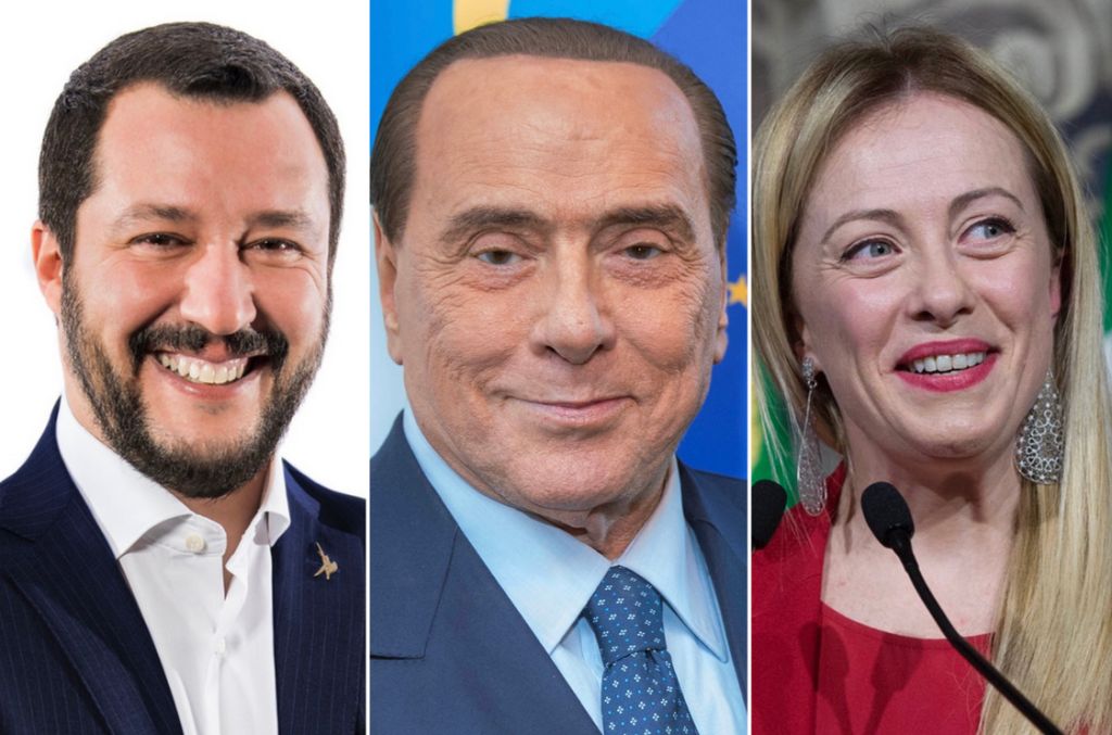 immagine divisa in tre sezioni con primo piano di Salvini, Berlusconi e Meloni