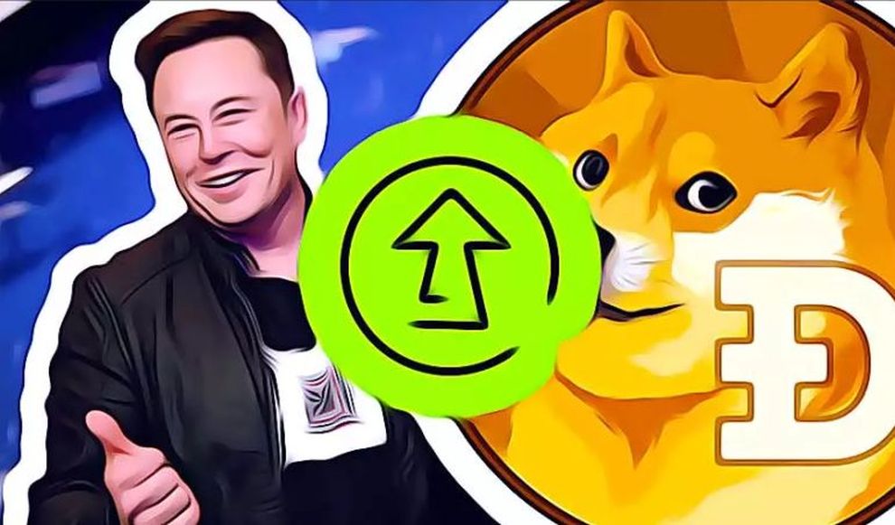 primo piano di Elon Musk a sinistra, simbolo e logo di Dogecoin a destra