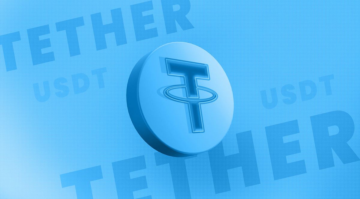Logo e scritta Tether USDT su campo azzurro