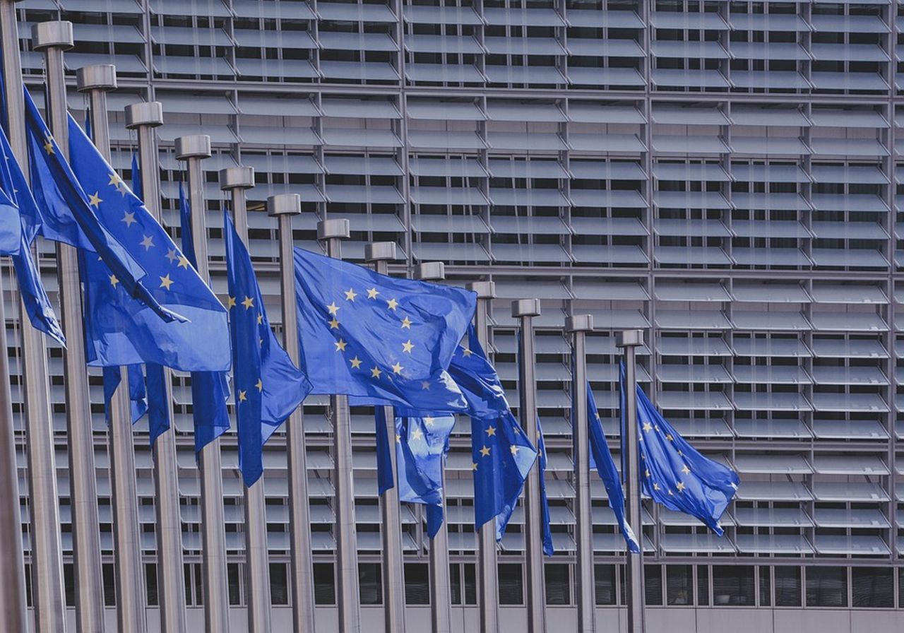 una serie di bandiere dell'Ue con un palazzo dell'Ue nell sfondo