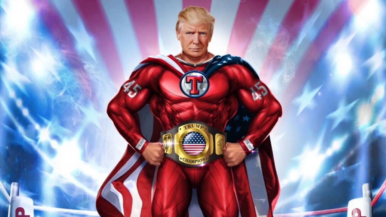 un NFT che rappresenta Donald Trump con una tuta rossa da supereroe