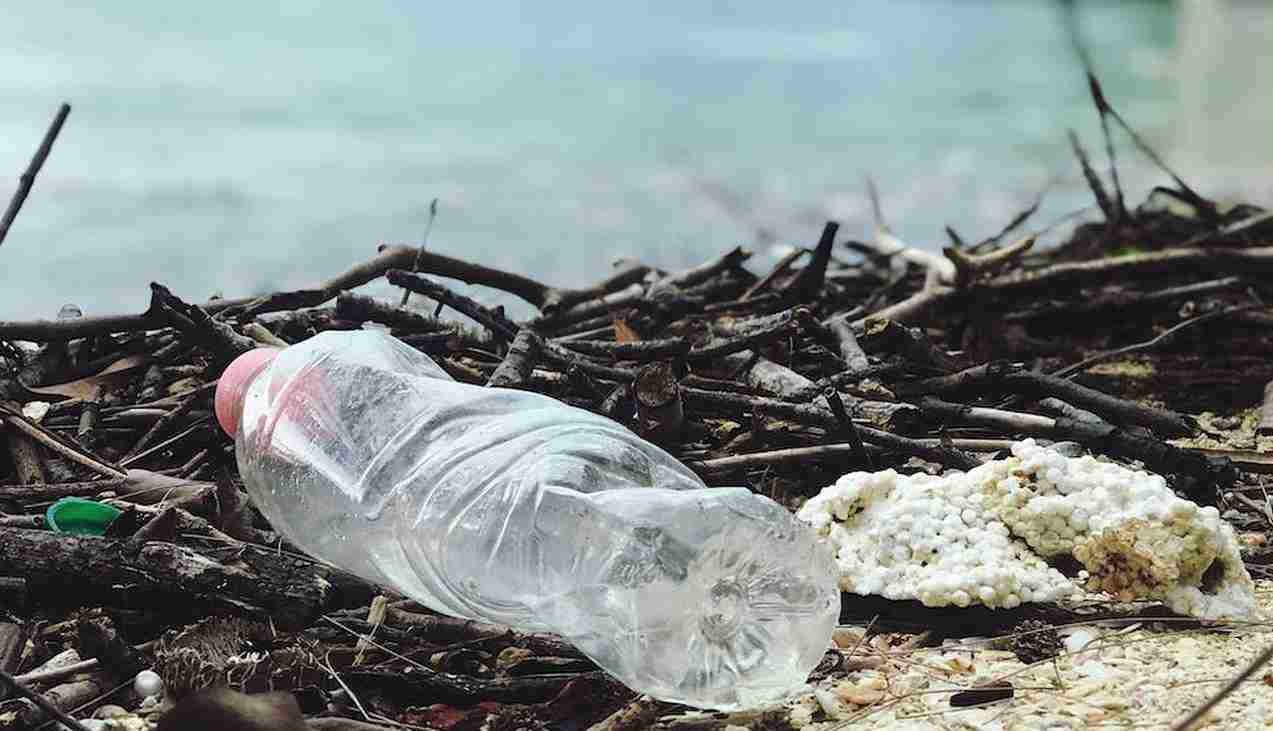 una bottiglia di plastica insieme ad altri rifiuti in riva al mare