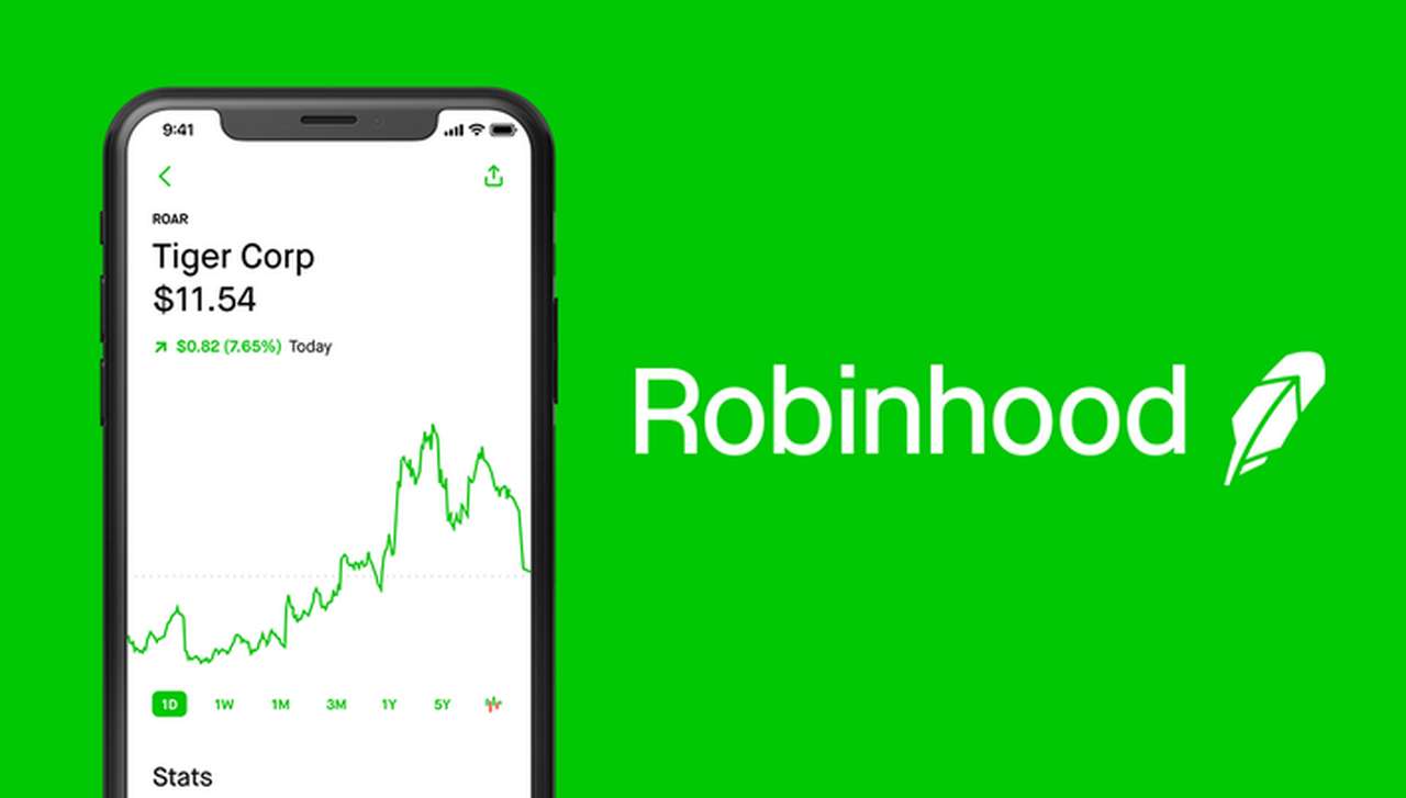 logo di Robinhood e schermata di un dispositivo mobile con grafico sull'andamento dei mercati