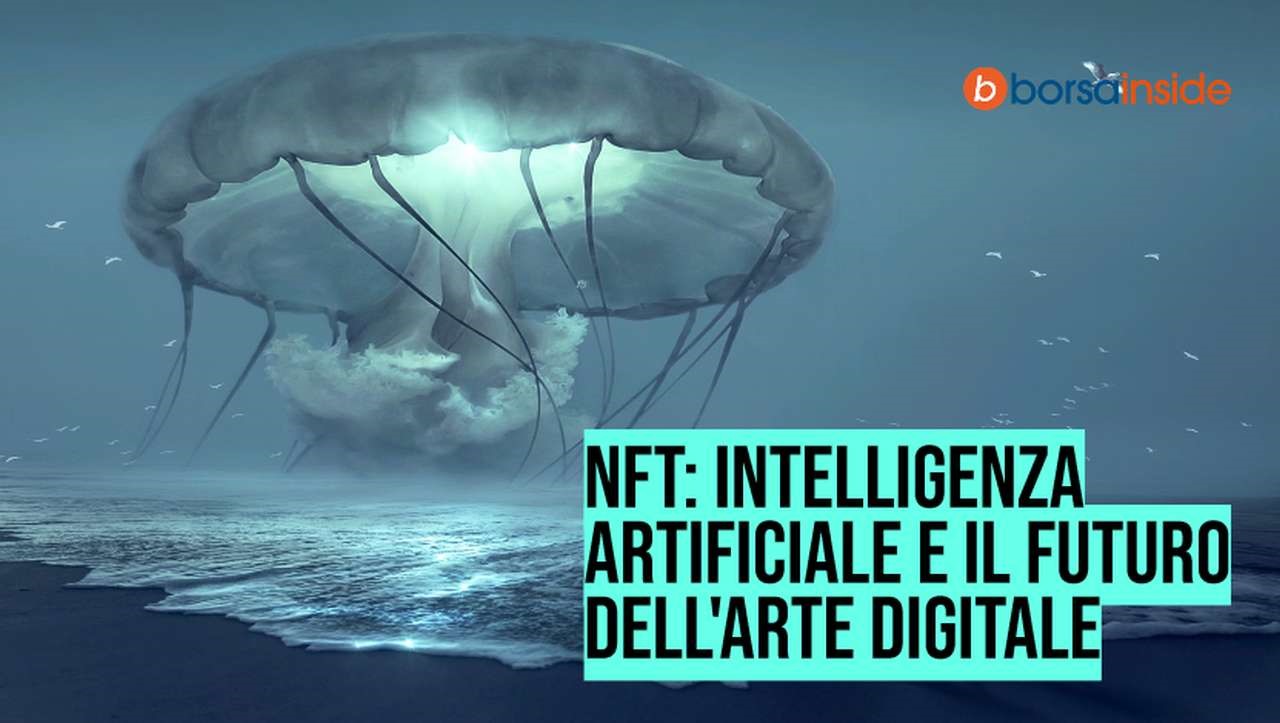 un'opera d'arte digitale che rappresenta una medusa gigante che galleggia all'orizzonte sul mare