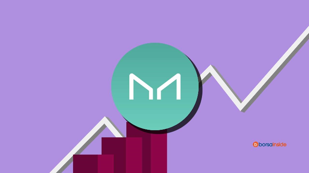 un grafico che indica un trend di crescita e il logo di Maker MKR