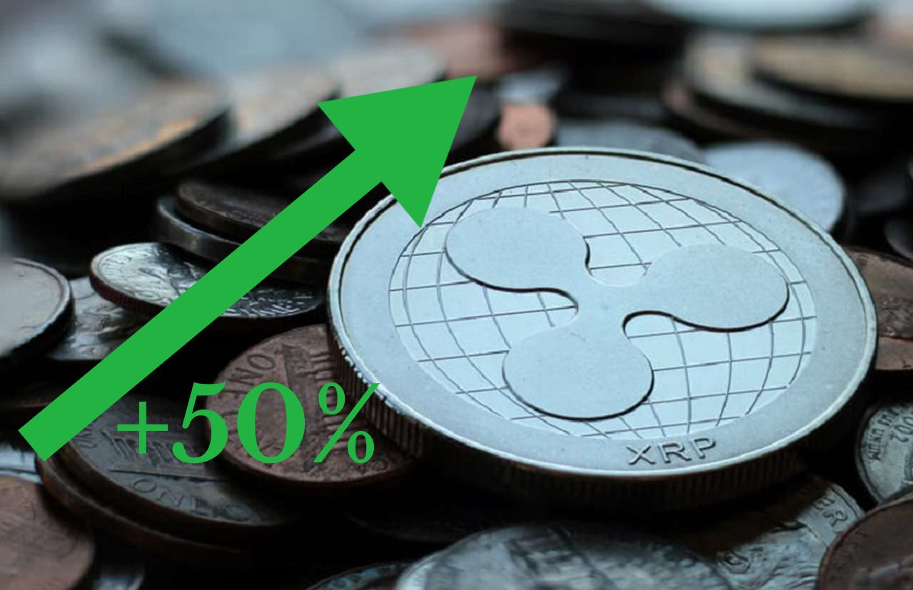 una moneta di XRP e una freccia verde che indica rialzo con la scritta +50%