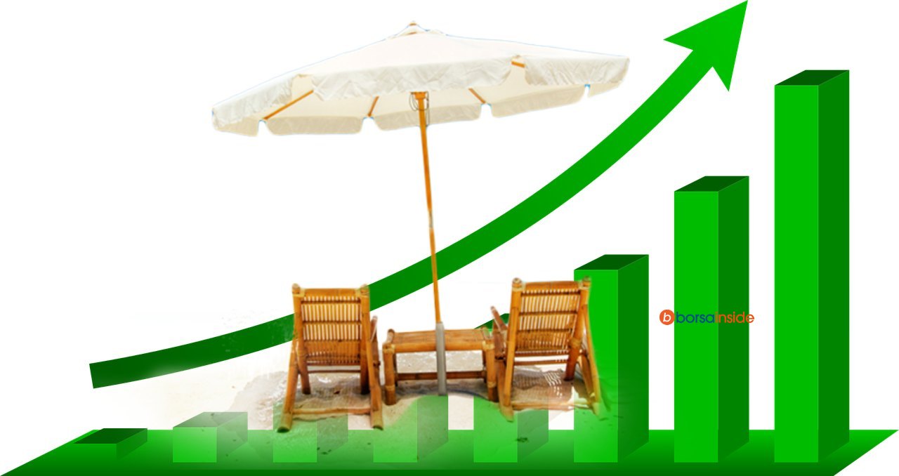 grafico a crescere con ombrellone e sedie simbolo di vacanze