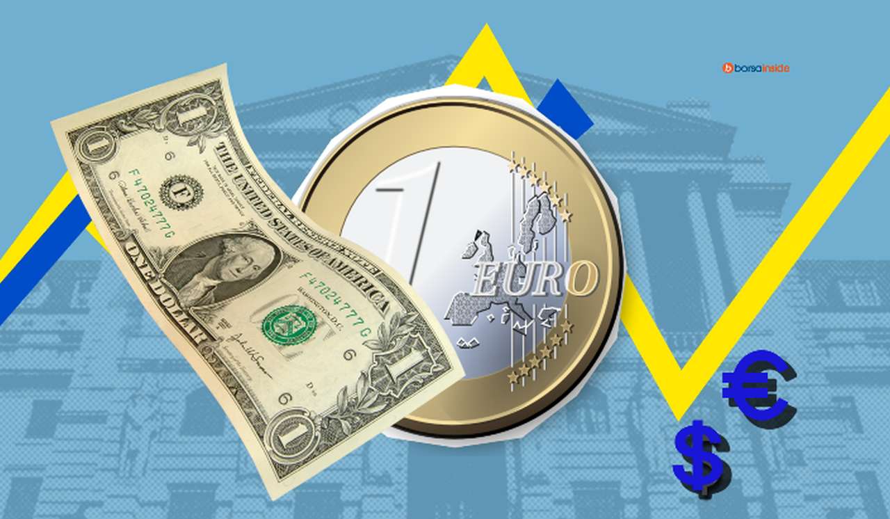 una banconota da un dollaro e una moneta da un euro con dietro un grafico