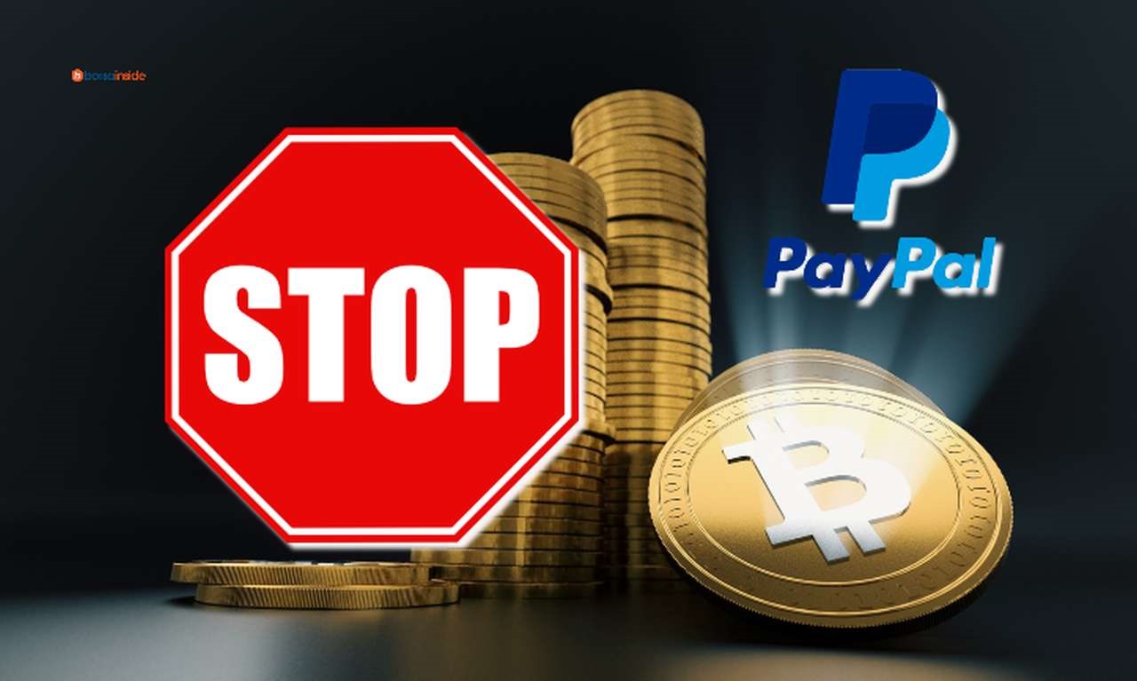 alcune monete di Bitcoin incolonnate, e in sovrimpressione un segnale di stop e il logo di PayPal