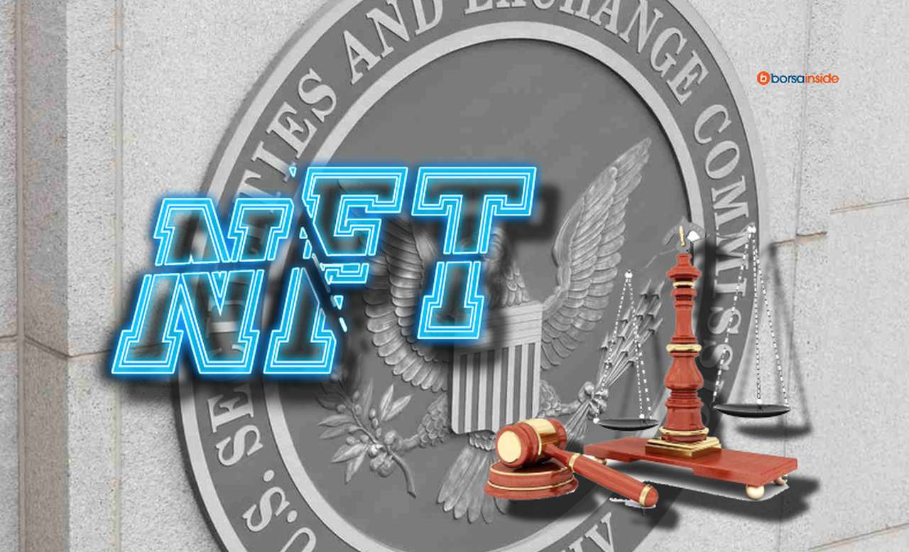 lo stemma della SEC, la scritta NFT e bilancia e martellino del giudice in sovrimpressione