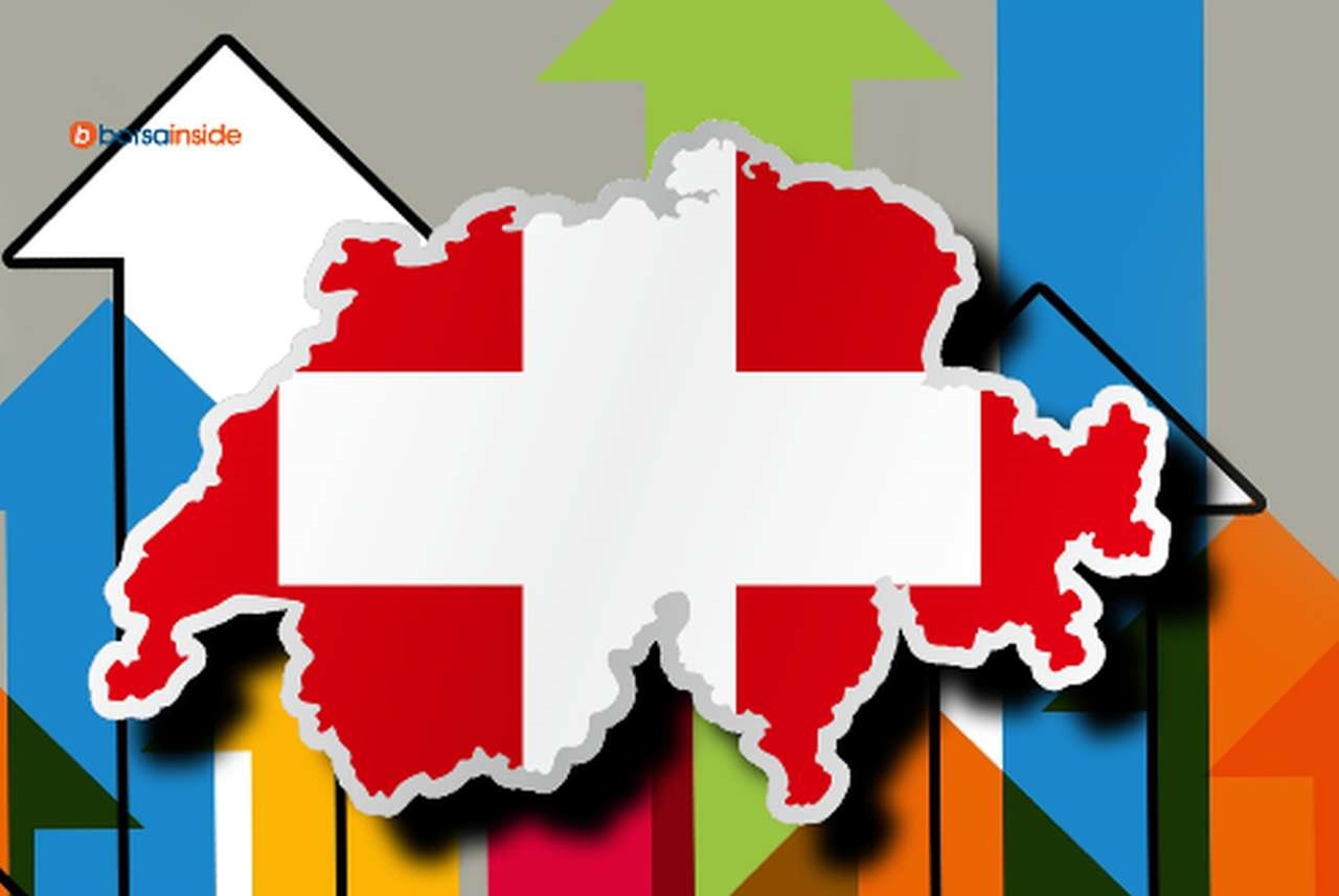 diverse frecce di vari colori che puntano verso l'alto e la cartina della Svizzera coi colori della bandiera nazioanle