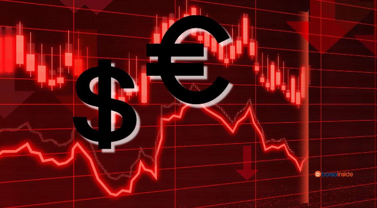 un grafico sull'andamento dei prezzi valutari in toni di rosso, e i simboli di euro e dollaro in sovrimpressione
