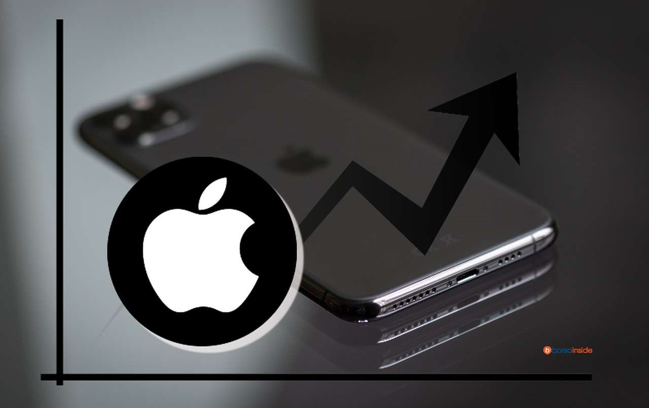 un iPhone poggiato su un piano, il simbolo della Apple e un grafico con una freccia