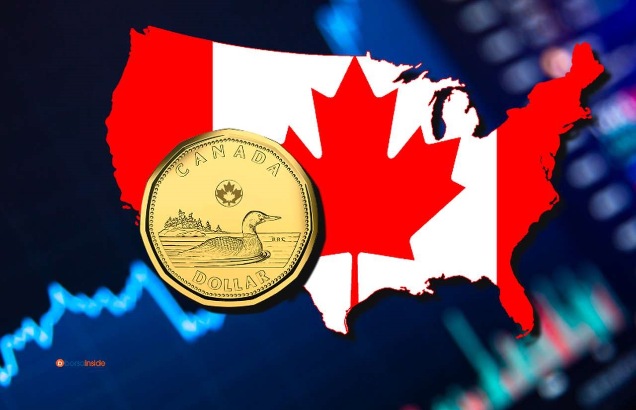 un grafico sull'andamento di prezzo, la bandiera del Canada racchiusa nei confini del territorio USA e una moneta da un dollaro canadese