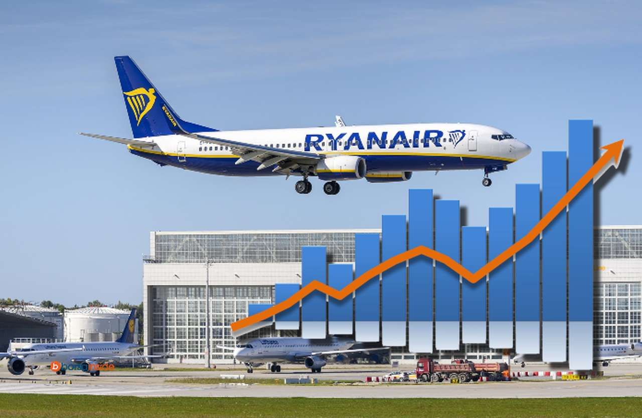 Un aereo Ryanair in fase di atterraggio e un grafico in sovrimpressione