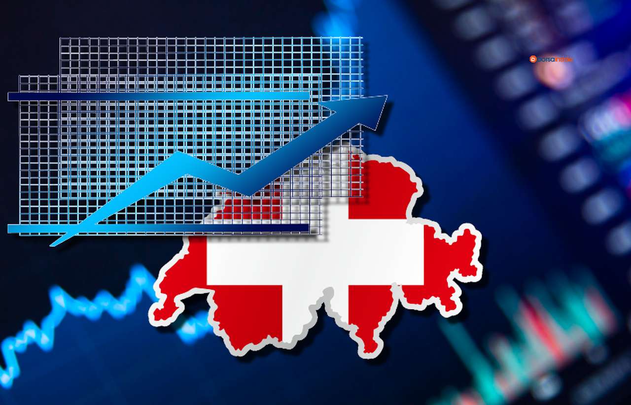 la bandiera della Svizzera delimitata dai confini dello Stato e alcuni grafici che indicano l'andamento dei prezzi