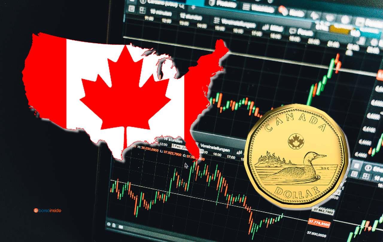 grafici sull'andamento dei prezzi, la bandiera del Canada sagomata sui confini dello Stato e un dollaro canadese