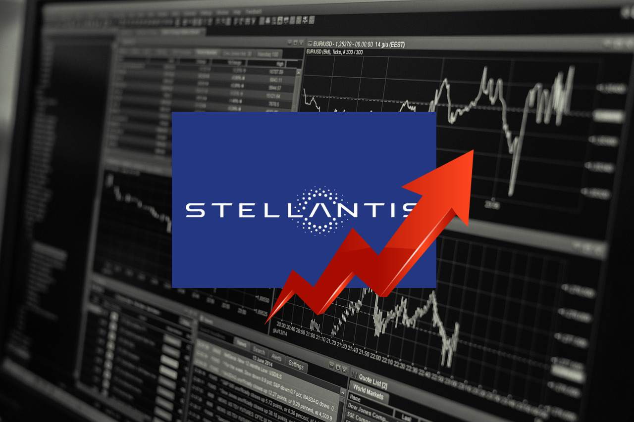 grafico trading con logo di Stellantis e freccia in alto