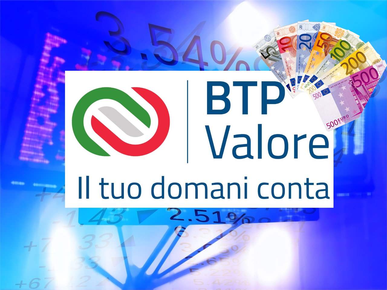 logo del BTP Valore e sullo fondo immagini di trading