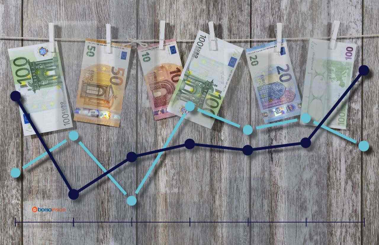 alcune banconote di euro appese a un filo con delle mollette e un grafico in sovrimpressione
