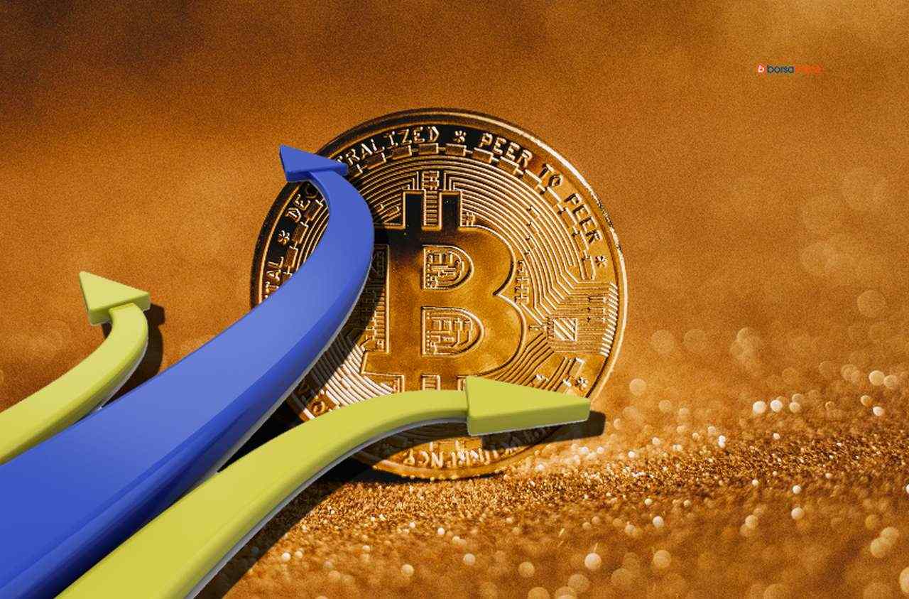 una moneta di Bitcoin su sfondo dorato, con alcune frecce che vanno in direzioni diverse