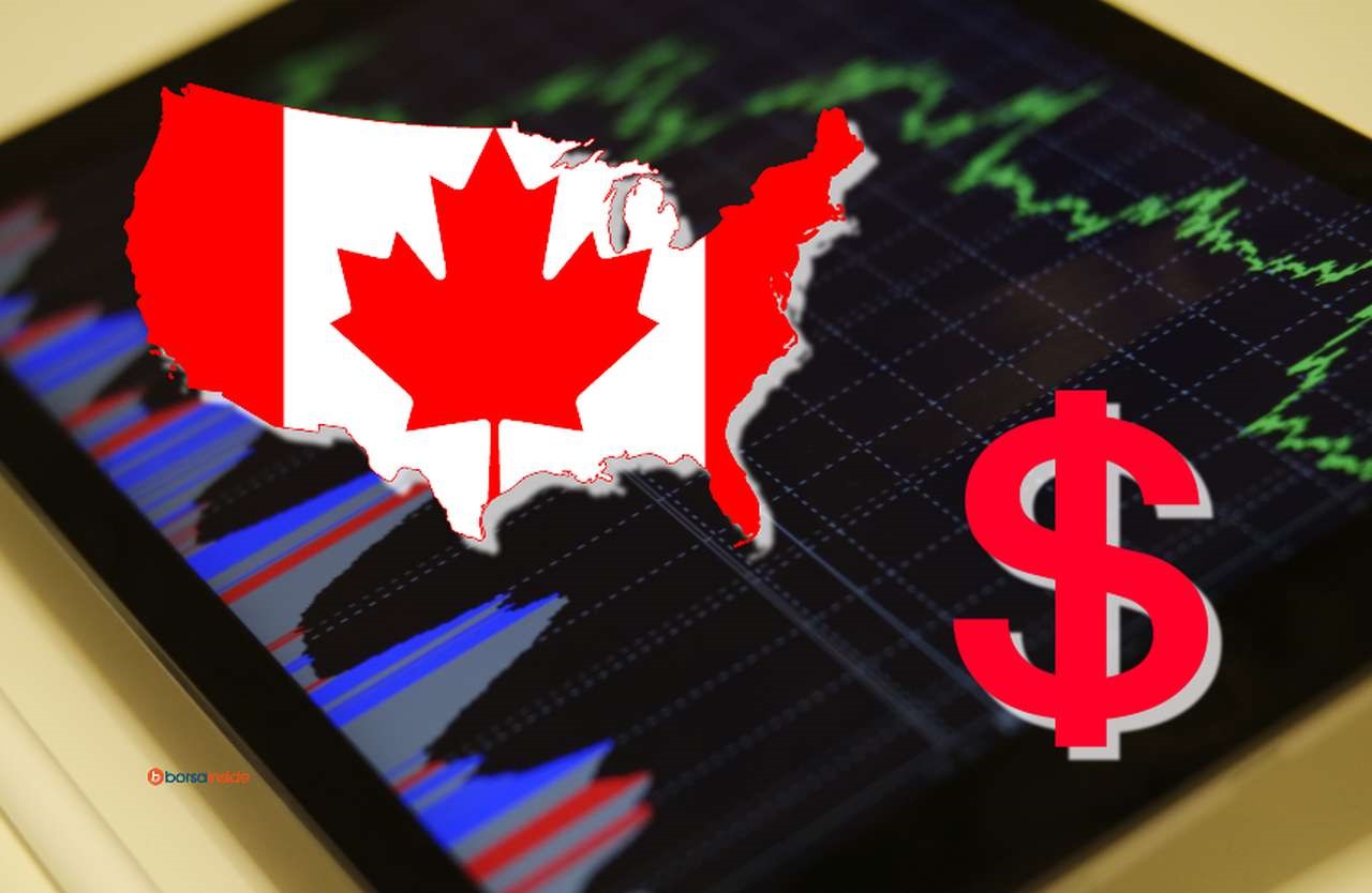un tablet con dei grafici sull'andamento dei prezzi, la bandiera del canada racchiusa nei confini del territorio USA e il simbolo del dollaro