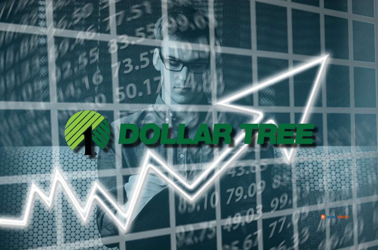 un grafico con una freccia verso l'alto e il logo di Dollar Tree al centro