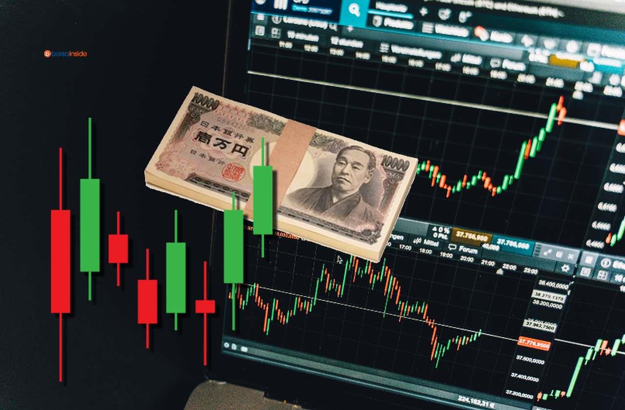 un grafico finanziario sullo schermo di un laptop, e in sovrimpressione una mazzetta di banconote in yen