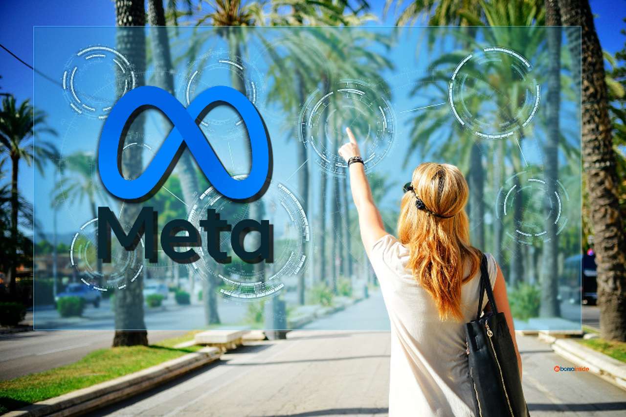 una donna in un viale alberato che indica alcuni cerchi virtuali in aria e il logo di Meta in sovrimpressione