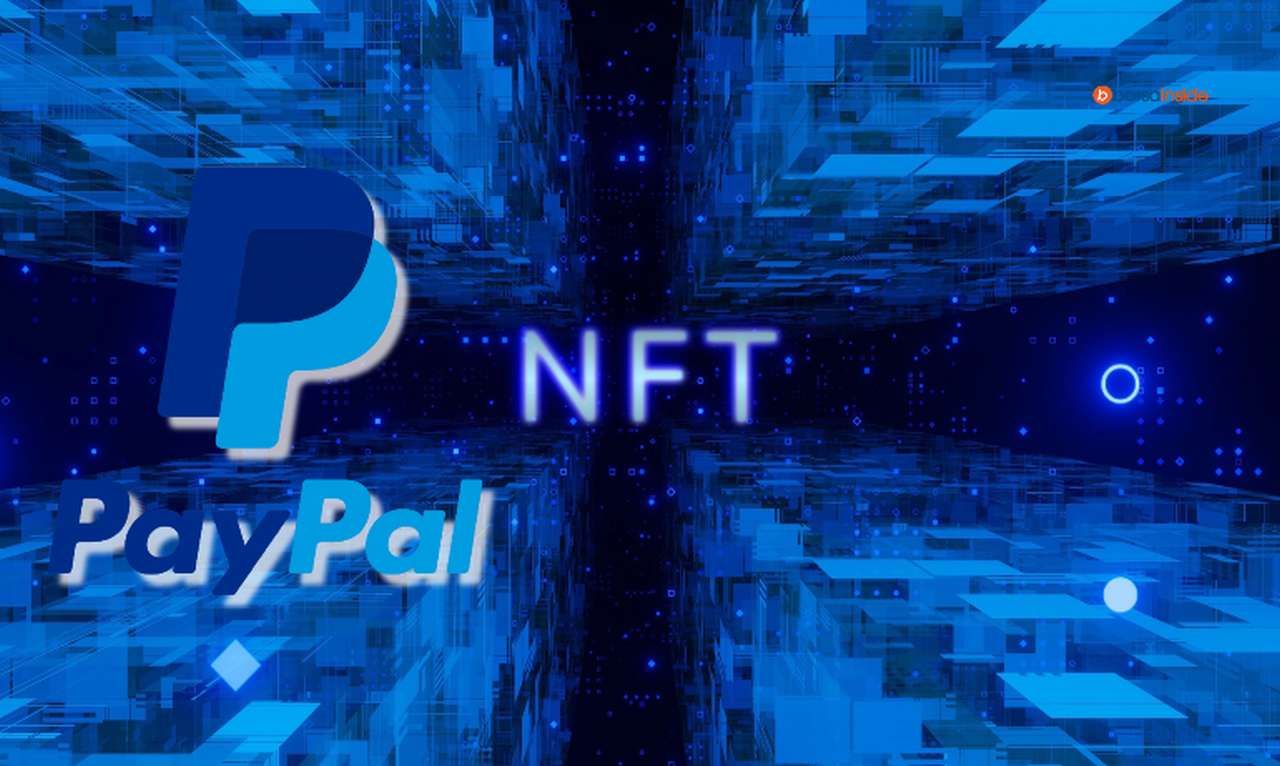 uno sfondo blu con l'acronimo NFT al centro e il logo di PayPal accanto