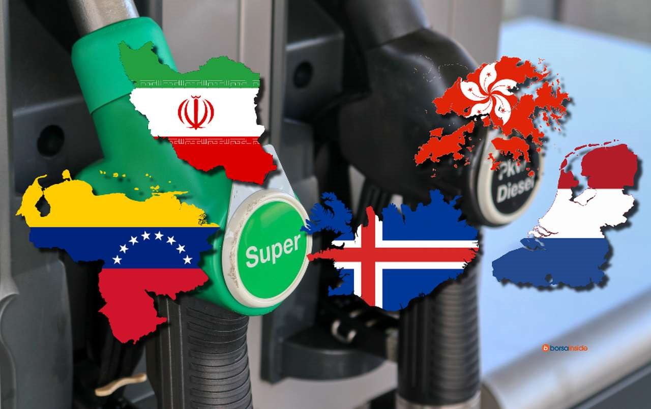 pompe di benzina e diesel e le bandiere di alcuni Paesi racchiuse nei confini dei rispettivi territori