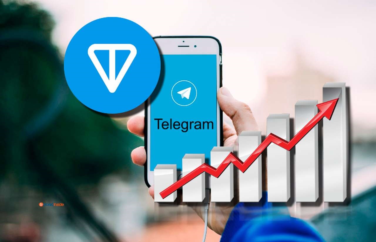 uno smartphone con la app telegram, un grafico e il logo di Toncoin in sovrimpressione