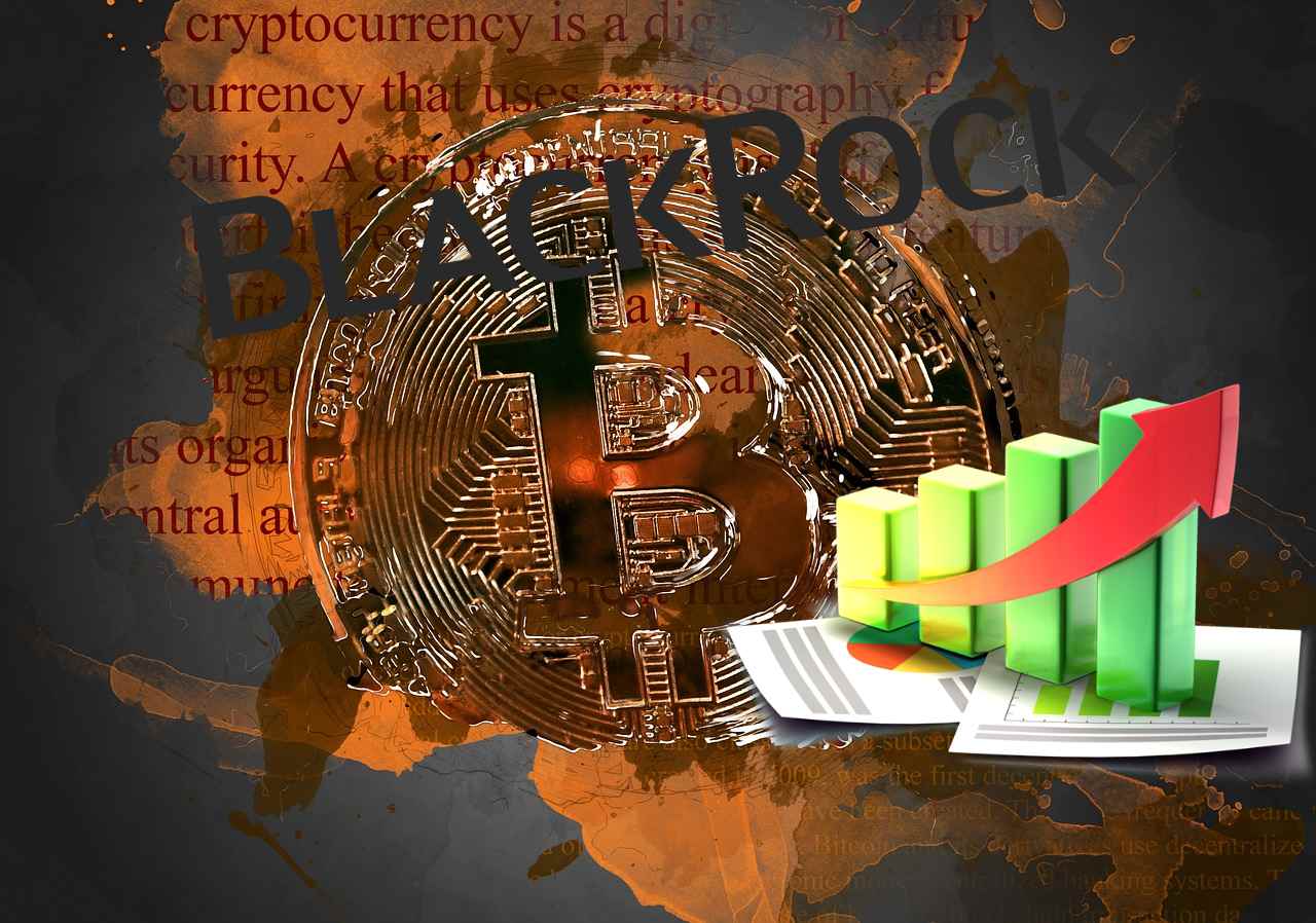 Moneta Bitcoin con grafico al rialzo e logo di BlackRock