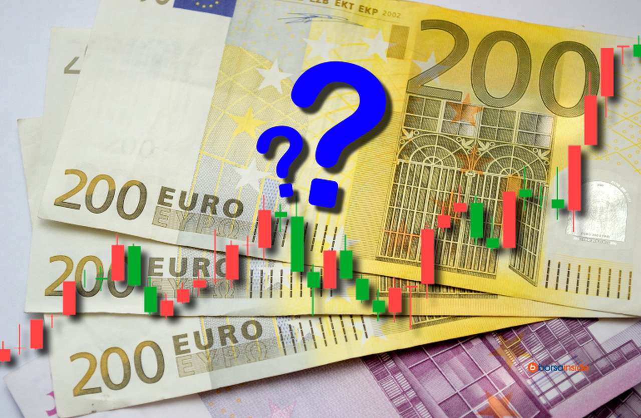 banconote da 200 euro con un grafico a candele e un punto interrogativo in sovrimpressione