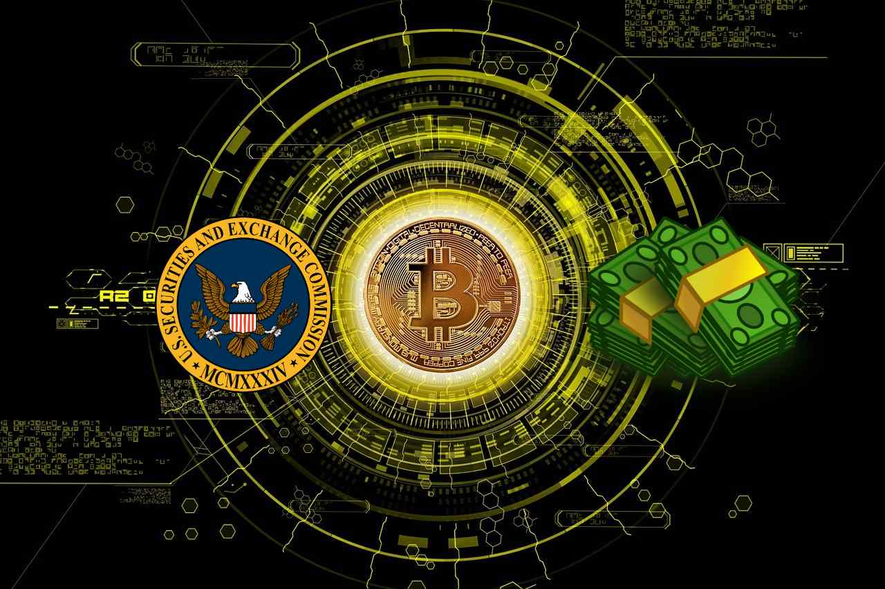 simboli Bitcoin e SEC con mucchio di soldi