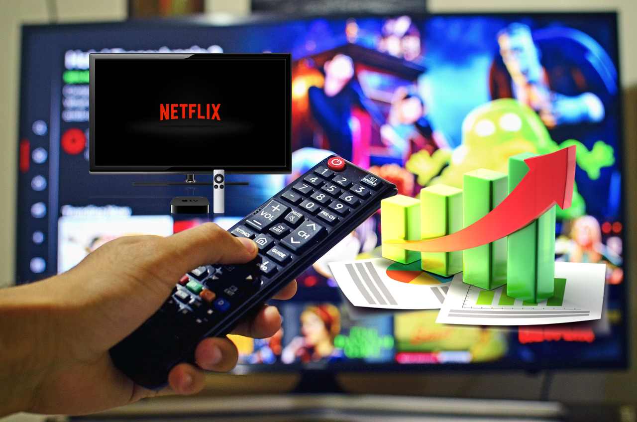schermo tv, grafico di crescita e logo di Netflix