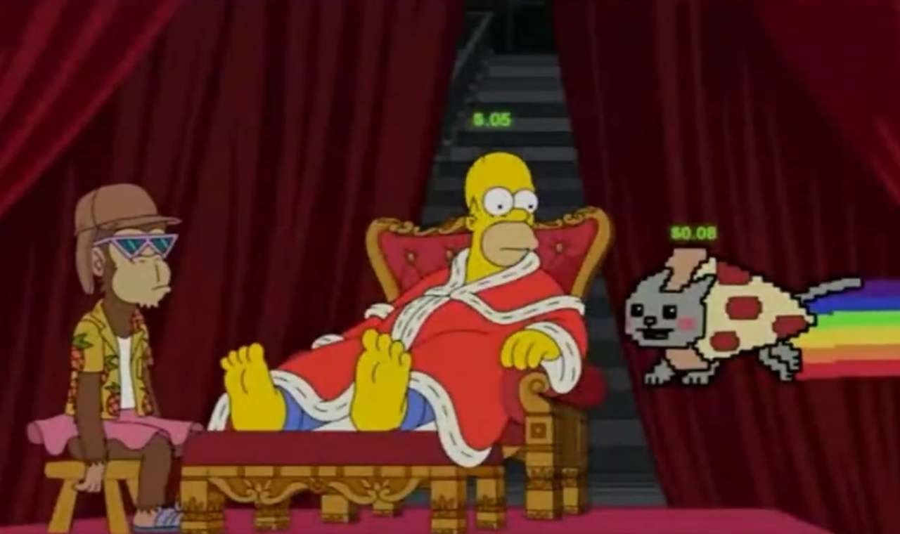 una scena del cartone animato The Simpsons in cui Homer siede su un trono e vi sono alcuni NFT vicino a lui